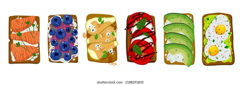 Set of different toasts with various toppings. Healthy food with toasted bread, fresh vegetables, eggs, tomatoes, salmon, avocado, pear, honey, blueberry, mozzarella ingredients. vector set isolated