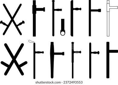 Set of different Tonfa nightstick martial weapons isolated on white
