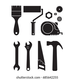 Set of different tool silhouette icons, isolated on white background