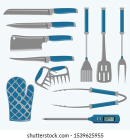Set of different tools for barbecue party. Meat cutting knife and kitchen tongs, spatula and thermometer. Vector illustration.
