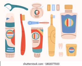 A set of different tools for cleaning your mouth. Various toothbrushes, toothpaste, dental floss,tooth, mouthwash. Dental hygiene, Oral care concept.  Vector isolated icons cartoon illustration