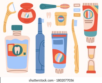 A set of different tools for cleaning your mouth. Various toothbrushes, toothpaste, dental floss,tooth, mouthwash. Dental hygiene, Oral care concept.  Vector isolated icons cartoon illustration