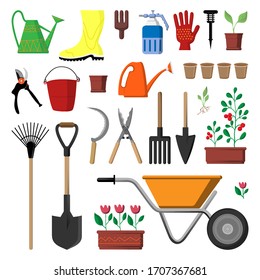 set of different tools for the garden watering can rake shovels buckets and seedlings collection for the design of garden platforms. Vectron illustration isolated