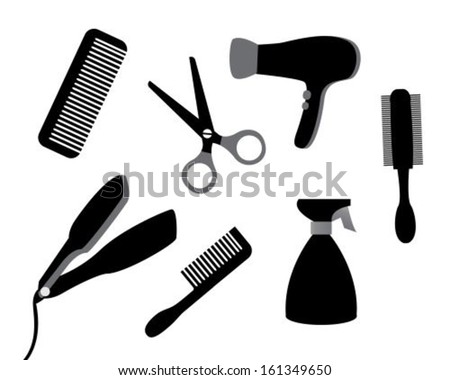 set of different tools for hair care on a white background