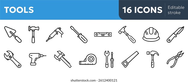 Set of different tools icons include trowel, hammer, screwdriver, level, drill, wrench, pliers, knife, tape measure