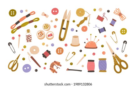 Set of different tools for needlework, sewing, embroidery, knitting, bead craft, crochet.Tailor's supplies with needles, threads, pins, and thimble. Colored flat vector illustration isolated on white