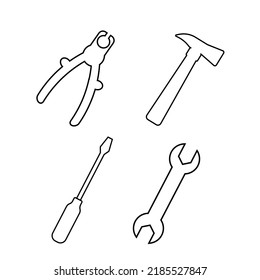 Set of different tools screwdriver, pliers, wrench, hammer in line style. Vector illustration