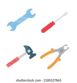 Juego de herramientas diferentes destornillador, alicates, llave, martillo. Ilustración del vector