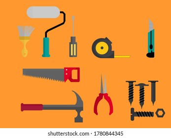 Set of different tools and screws for repairs, fixes or construction