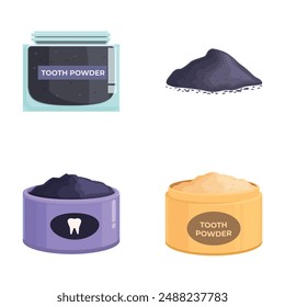 A set of different tooth powder containers and loose powder piles