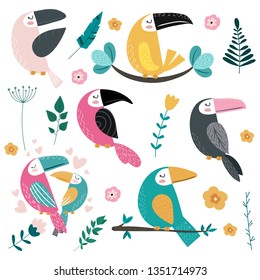 Set of different toucans and tropical leaves, flowers.Vector illustration.