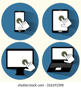 Set of for different touchscreen icons, phone, tablet, monitor and laptop, flat design with long shadow, vector