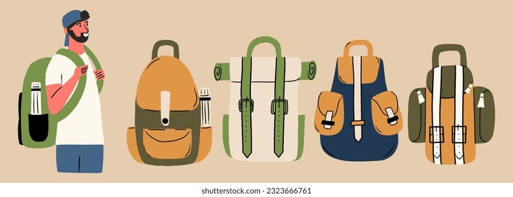 A set of different tourist backpacks. Vector illustration in hand drawn style. 