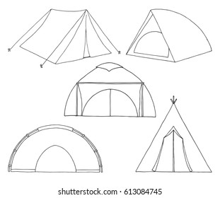 Set of different tourist tents. Hand drawn vector illustration of a sketch style.