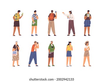 Set of different tourists and guide during excursion. People traveling and sightseeing. Men and women on summer holidays. Flat vector illustration of visitors with cameras and maps isolated on white