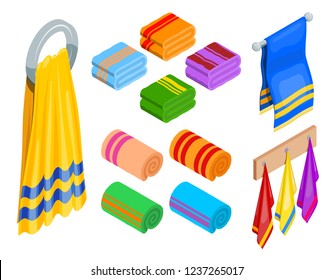 Set of different towels in isometric style on a white background. Hygiene items, bath accessories. Vector illustration. Icons of body care, sauna, spa, massage.