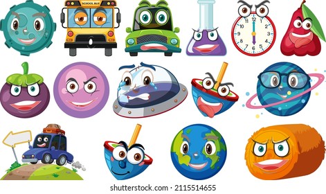 Set of different toy objects with smiley faces illustration