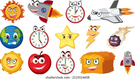 Set of different toy objects with smiley faces illustration