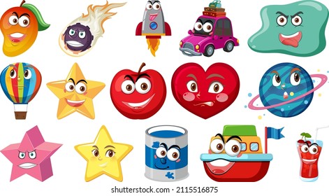 Set of different toy objects with smiley faces illustration