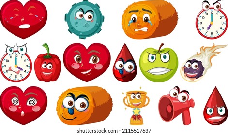 Set of different toy objects with smiley faces illustration