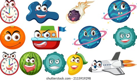 Set of different toy objects with smiley faces illustration