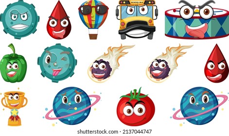 Set of different toy objects with smiley faces illustration