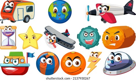 Set of different toy objects with smiley faces illustration