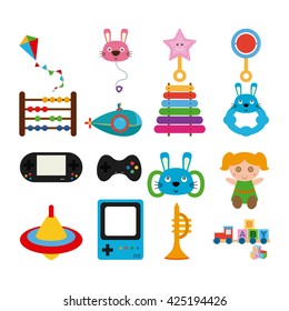 Set of different toys on a white background