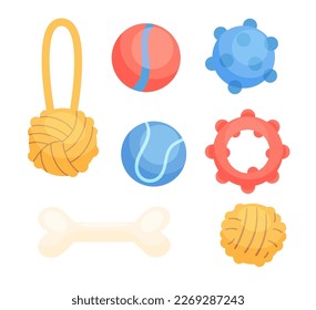 Set of different toys for pets. Rubber ball, rope, ring, bone, tennis ball. Accessories for training and play. Vector cartoon icon isolated on a white background.