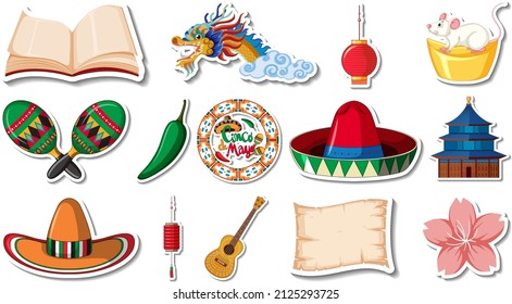 Set of different traditional objects illustration