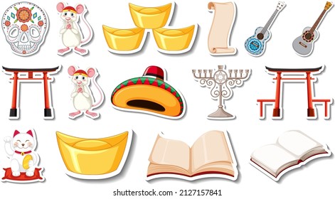 Set of different traditional objects illustration