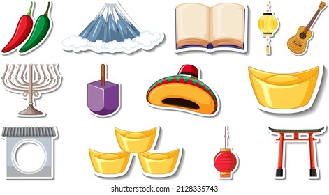 Set of different traditional objects illustration