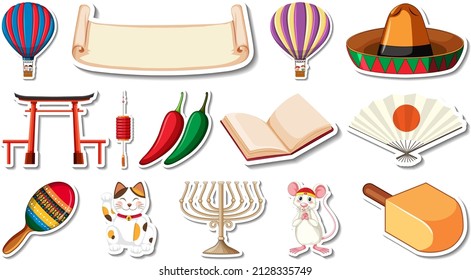 Set of different traditional objects illustration
