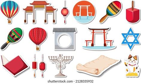 Set of different traditional objects illustration