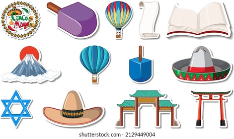 Set of different traditional objects illustration