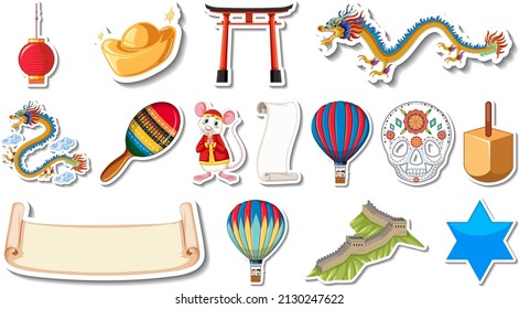 Set of different traditional objects illustration
