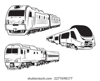 Conjunto de trenes diferentes. Recogida de trenes de alta velocidad de transporte ferroviario, metro. Turismo ferroviario. Ilustración del vector aislada en fondo blanco