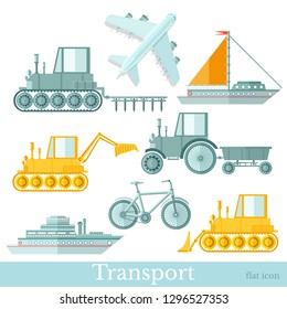 Set of different transorts inflat style, on white background. Plane, ship, yacht, bicycle, tractor and excavator