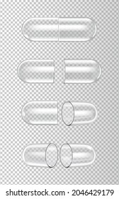 Eine Reihe verschiedener transparenter Kapseln auf transparentem Hintergrund. Vektorgrafik