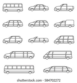 Set of different transparent cars and buses.