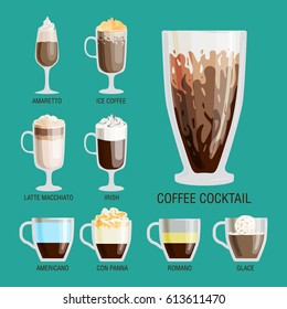 Set of different transparent cups of coffee types mug with foam beverage and breakfast morning sign tasty aromatic glass assortment vector illustration.