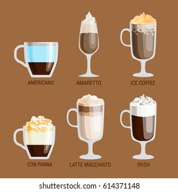 Set of different transparent cups of coffee types mug with foam beverage and breakfast morning sign tasty aromatic glass assortment vector illustration.