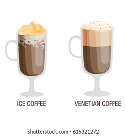 Set of different transparent cups of coffee vector illustration.