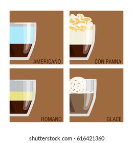 Set of different transparent cups of coffee types mug with foam beverage and breakfast morning sign tasty aromatic glass assortment vector illustration.