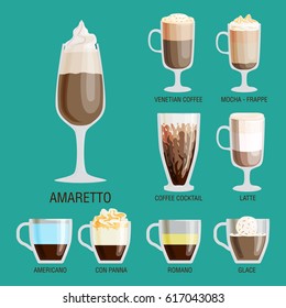 Set of different transparent cups of coffee types mug with foam beverage and breakfast morning sign tasty aromatic glass assortment vector illustration.