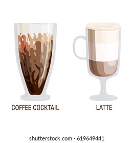Set of different transparent cups of coffee types mug with foam beverage and breakfast morning sign tasty aromatic glass assortment vector illustration.