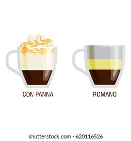 Set of different transparent cups of coffee types mug with foam beverage and breakfast morning sign tasty aromatic glass assortment vector illustration.