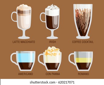 Set of different transparent cups of coffee types mug with foam beverage and breakfast morning sign tasty aromatic glass assortment vector illustration.