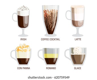 Set of different transparent cups of coffee types mug with foam beverage and breakfast morning sign tasty aromatic glass assortment vector illustration.