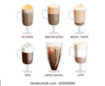 Set of different transparent cups of coffee types mug with foam beverage and breakfast morning sign tasty aromatic glass assortment vector illustration.